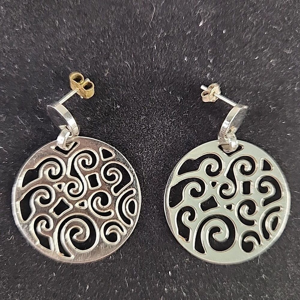 Earrings Stainless Steel Fancy Swirl Dangle Stud Post 1 3/4 Inch Vintage China